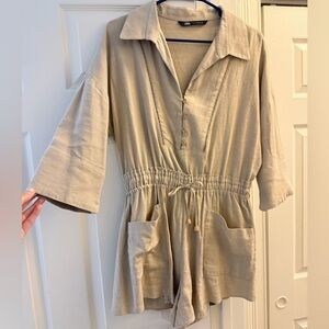 Zara Neutral Beige Linen Top with Collar